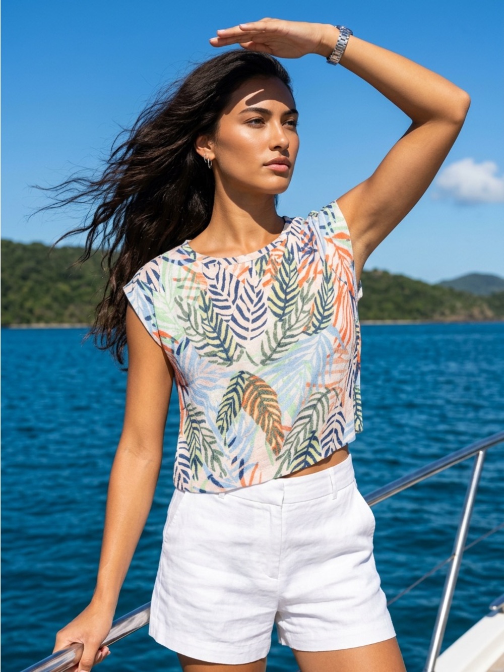 Tahari 100% Linen Tropical Palm Leaf Print Cropped Boxy Blouse‎ Top Size M